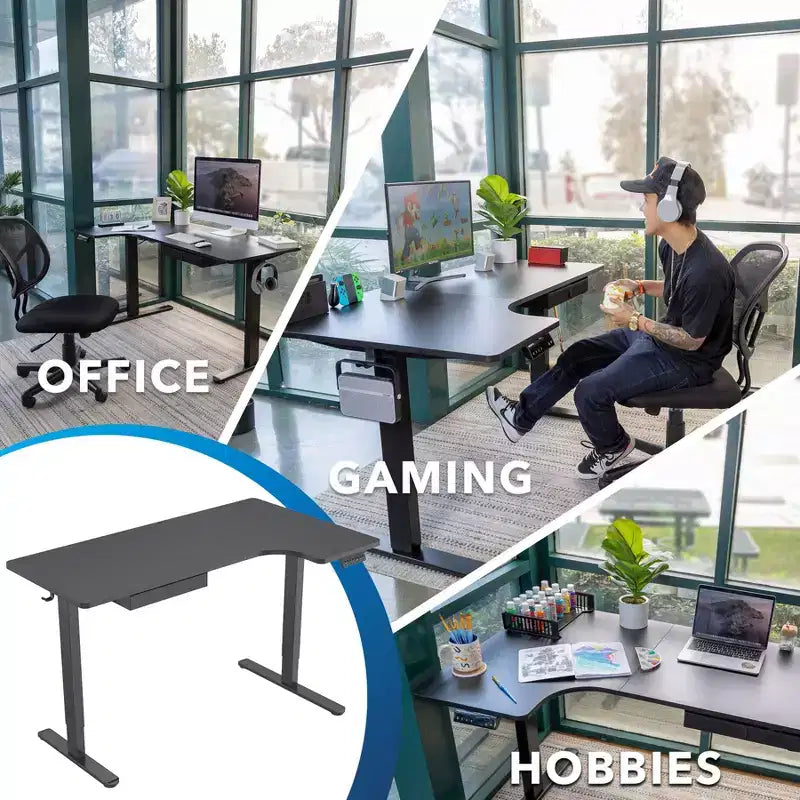 Mount-It! L-Shaped Electric Height Adjustable Desk, Automatic Standing Desk, Three Memory Settings, Solid Steel Frame, Two Installation Options