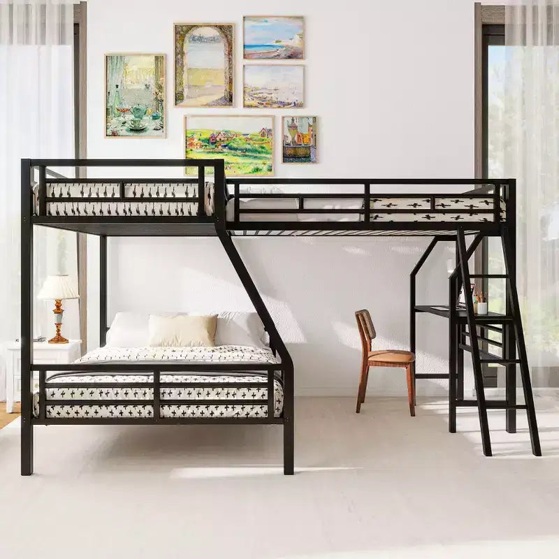 Twin over Full Metal Bunk Bed with Twin Size Loft Bed and Desk,Black -ModernLuxe