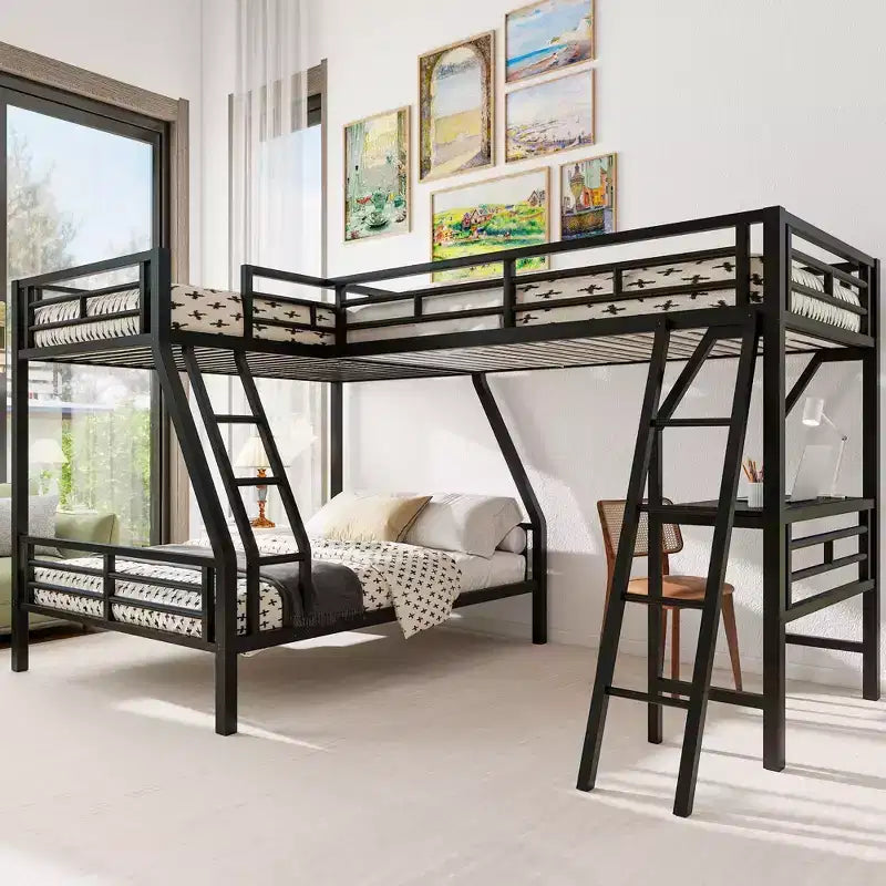 Twin over Full Metal Bunk Bed with Twin Size Loft Bed and Desk,Black -ModernLuxe