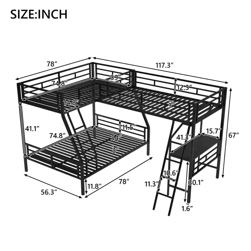 Twin over Full Metal Bunk Bed with Twin Size Loft Bed and Desk,Black -ModernLuxe