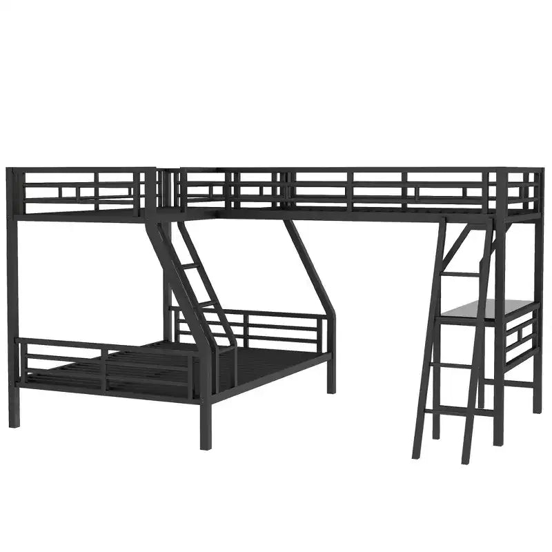 Twin over Full Metal Bunk Bed with Twin Size Loft Bed and Desk,Black -ModernLuxe
