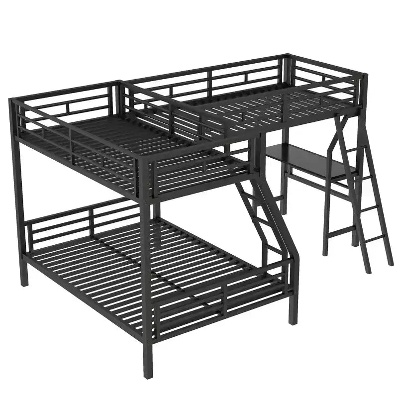 Twin over Full Metal Bunk Bed with Twin Size Loft Bed and Desk,Black -ModernLuxe