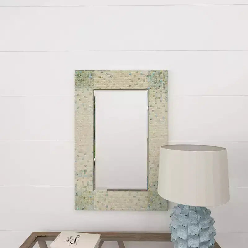 Mother of Pearl Handmade Mosaic Wall Mirror with Blue Corners Cream - Olivia & May