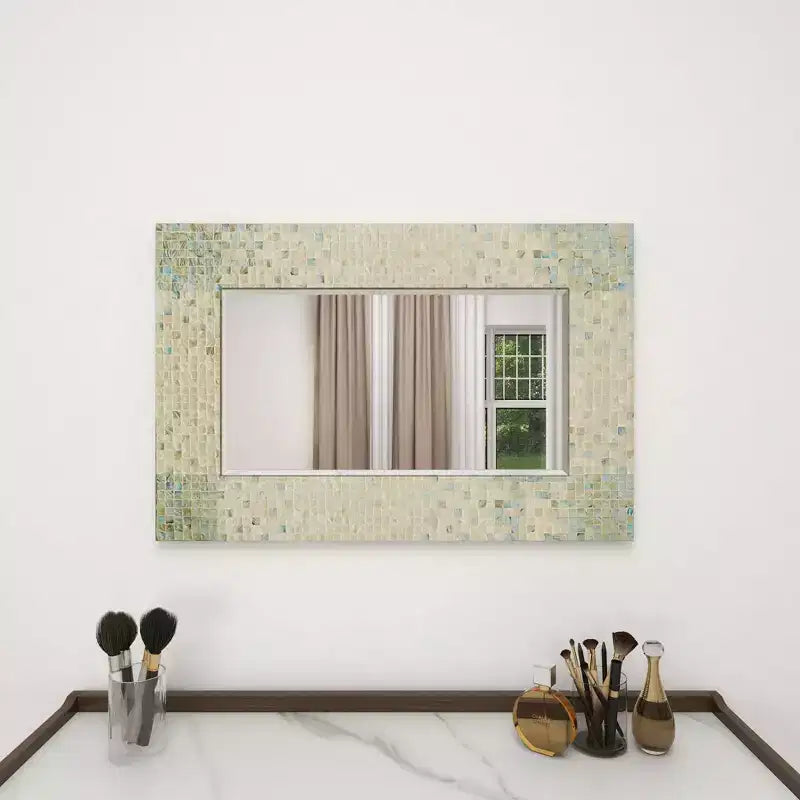 Mother of Pearl Handmade Mosaic Wall Mirror with Blue Corners Cream - Olivia & May
