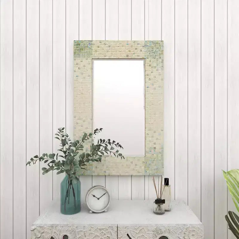 Mother of Pearl Handmade Mosaic Wall Mirror with Blue Corners Cream - Olivia & May