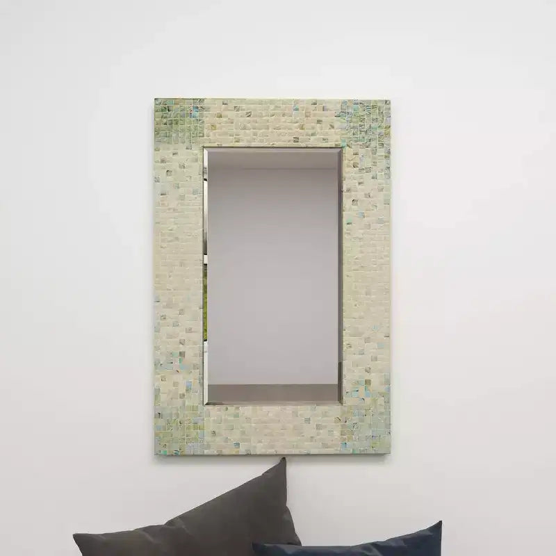 Mother of Pearl Handmade Mosaic Wall Mirror with Blue Corners Cream - Olivia & May