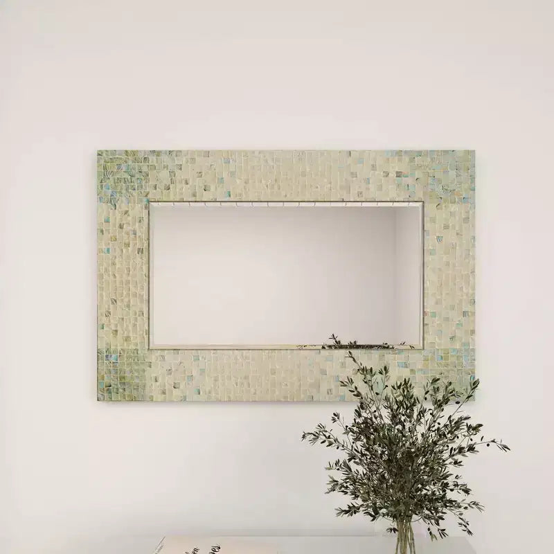 Mother of Pearl Handmade Mosaic Wall Mirror with Blue Corners Cream - Olivia & May