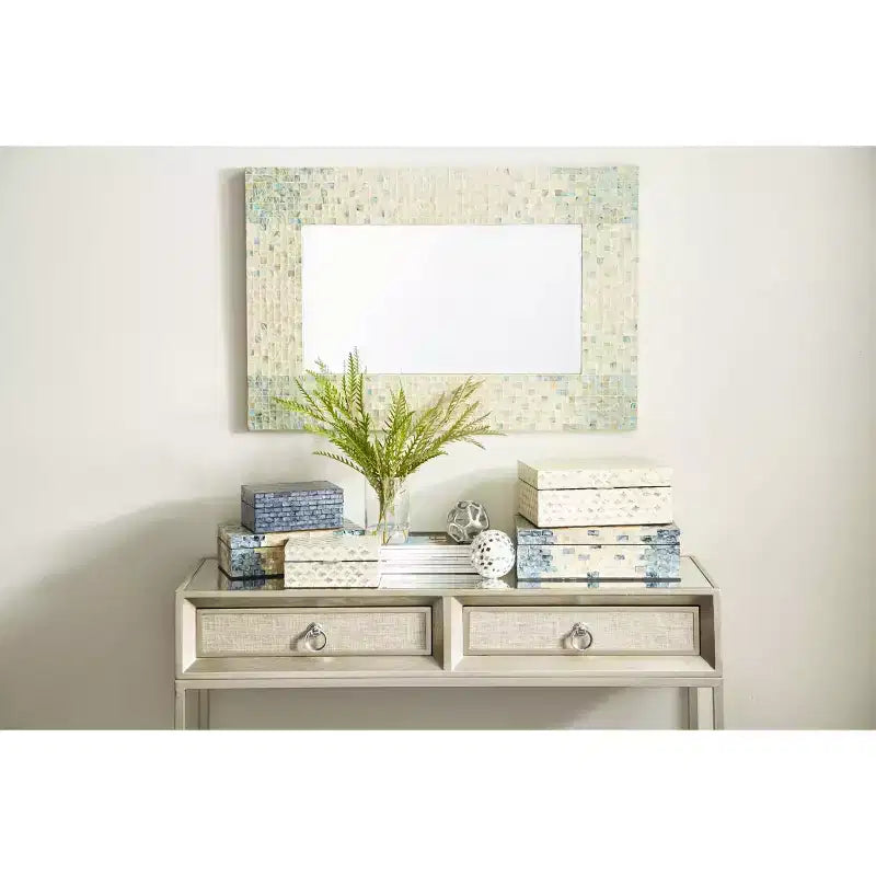 Mother of Pearl Handmade Mosaic Wall Mirror with Blue Corners Cream - Olivia & May