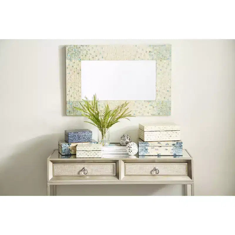 Mother of Pearl Handmade Mosaic Wall Mirror with Blue Corners Cream - Olivia & May