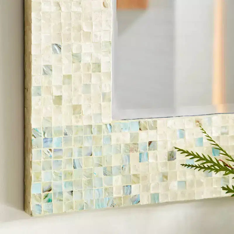 Mother of Pearl Handmade Mosaic Wall Mirror with Blue Corners Cream - Olivia & May