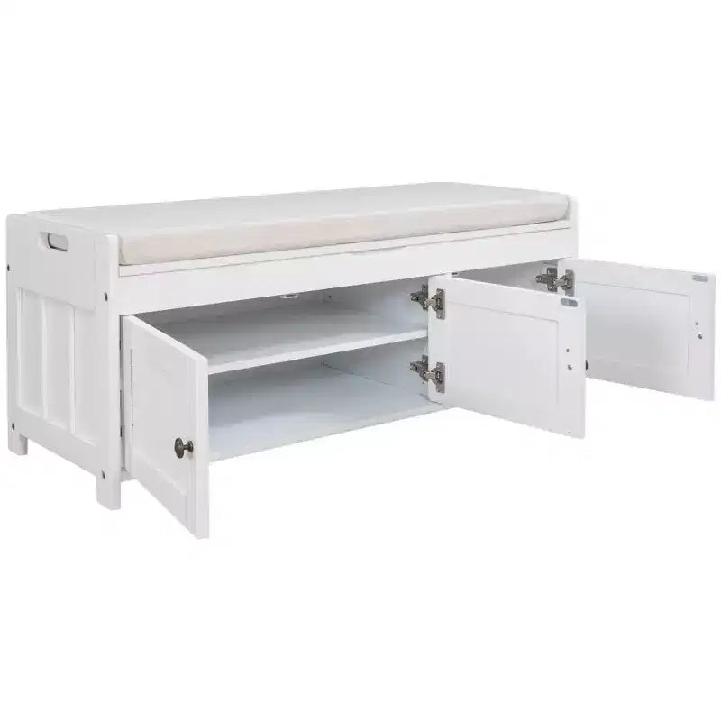 Storage Bench with 3 Shutter-shaped Doors, Removable Cushion and Hidden Storage Space-ModernLuxe