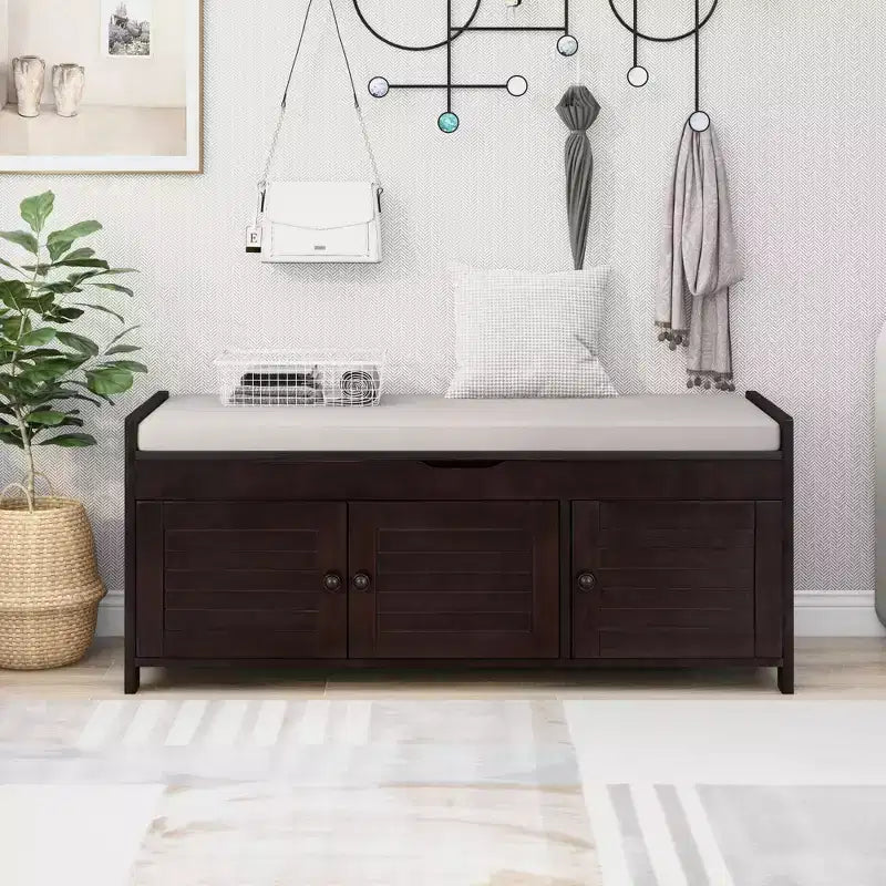 Storage Bench with 3 Shutter-shaped Doors, Removable Cushion and Hidden Storage Space-ModernLuxe