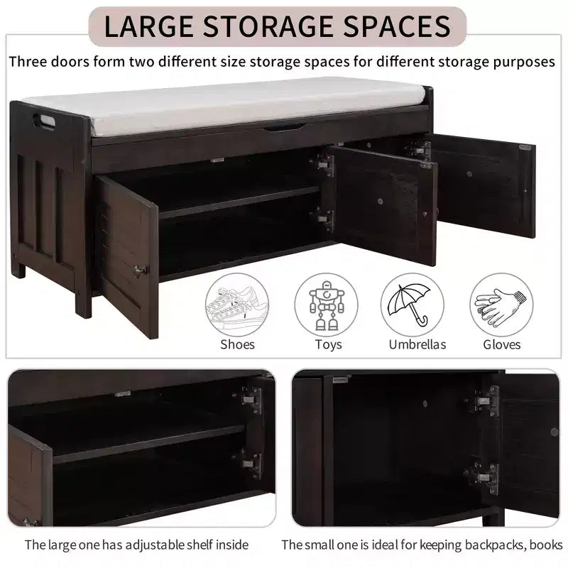Storage Bench with 3 Shutter-shaped Doors, Removable Cushion and Hidden Storage Space-ModernLuxe