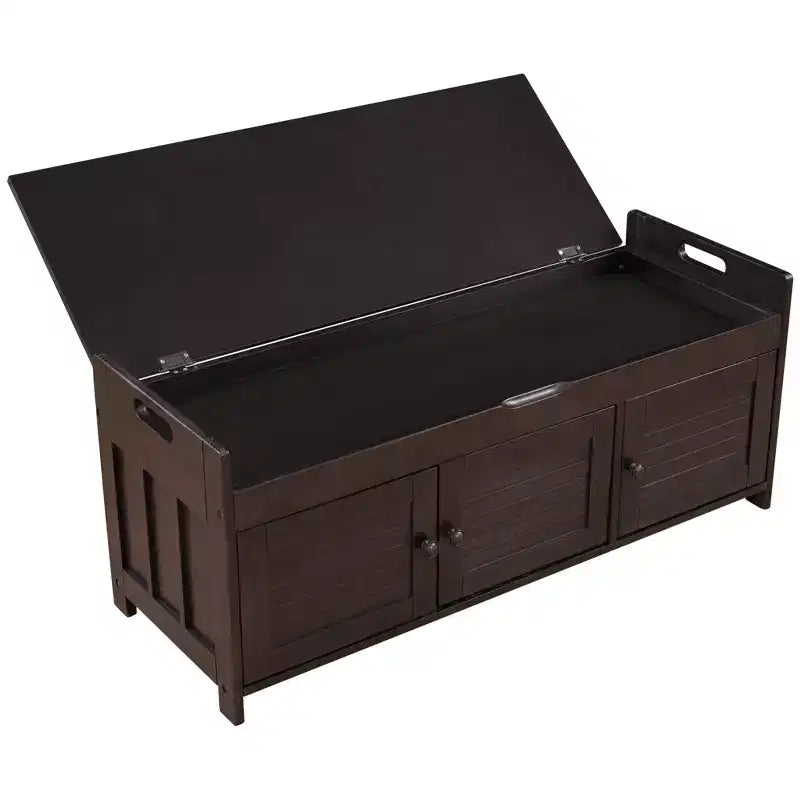 Storage Bench with 3 Shutter-shaped Doors, Removable Cushion and Hidden Storage Space-ModernLuxe