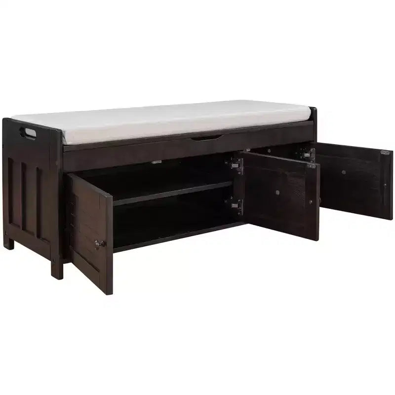 Storage Bench with 3 Shutter-shaped Doors, Removable Cushion and Hidden Storage Space-ModernLuxe