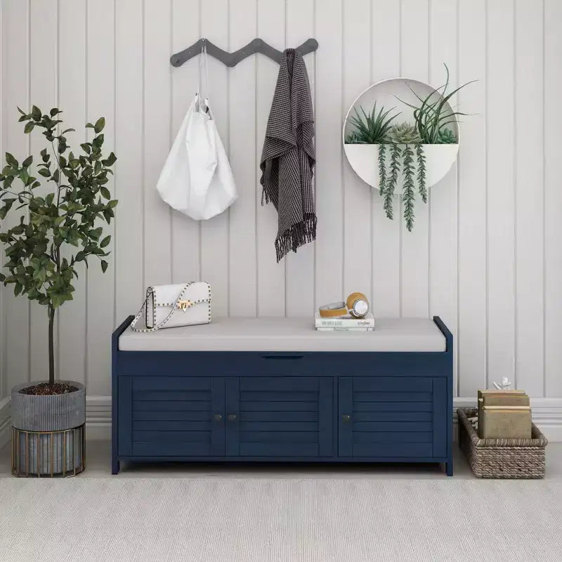 Storage Bench with 3 Shutter-shaped Doors, Removable Cushion and Hidden Storage Space-ModernLuxe