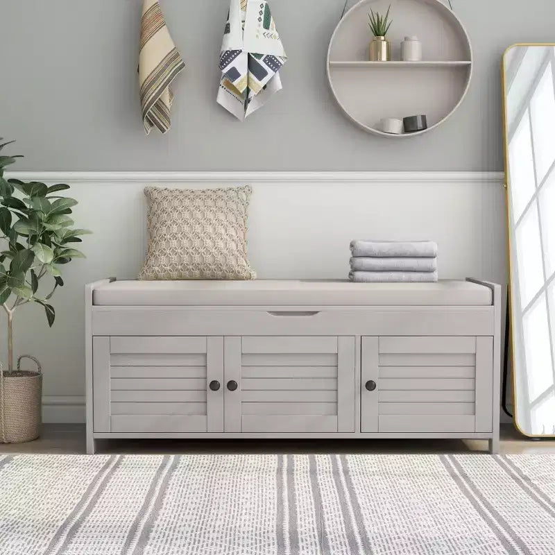 Storage Bench with 3 Shutter-shaped Doors, Removable Cushion and Hidden Storage Space-ModernLuxe