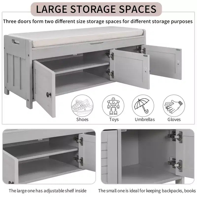 Storage Bench with 3 Shutter-shaped Doors, Removable Cushion and Hidden Storage Space-ModernLuxe