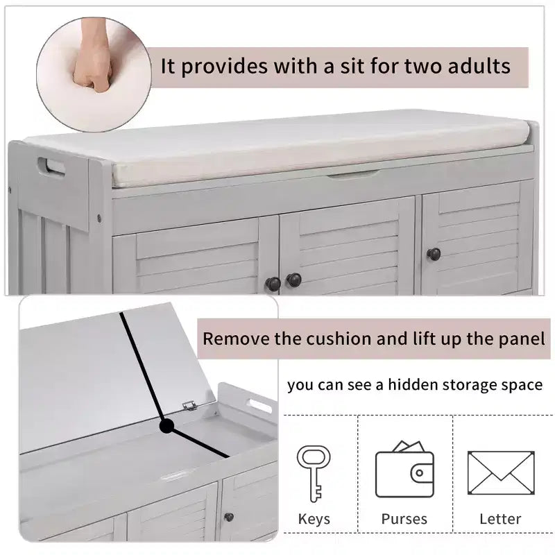 Storage Bench with 3 Shutter-shaped Doors, Removable Cushion and Hidden Storage Space-ModernLuxe