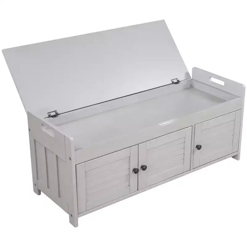 Storage Bench with 3 Shutter-shaped Doors, Removable Cushion and Hidden Storage Space-ModernLuxe