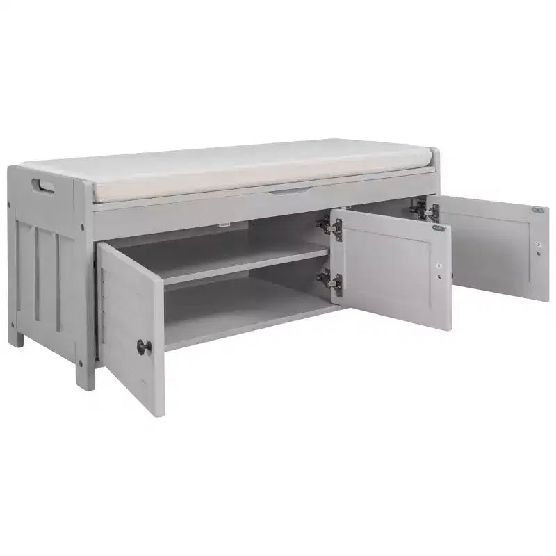 Storage Bench with 3 Shutter-shaped Doors, Removable Cushion and Hidden Storage Space-ModernLuxe