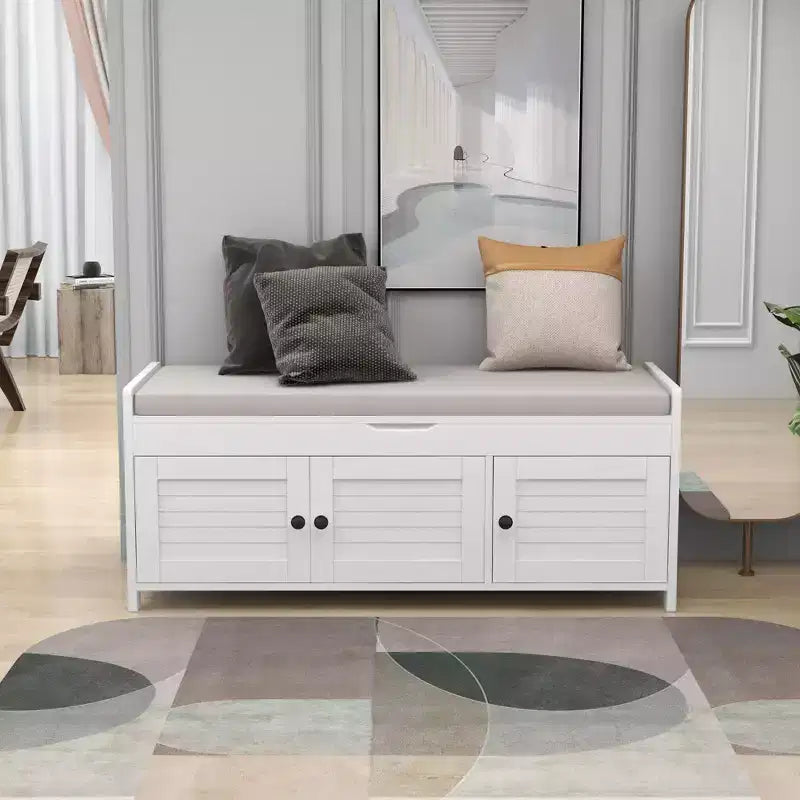 Storage Bench with 3 Shutter-shaped Doors, Removable Cushion and Hidden Storage Space-ModernLuxe