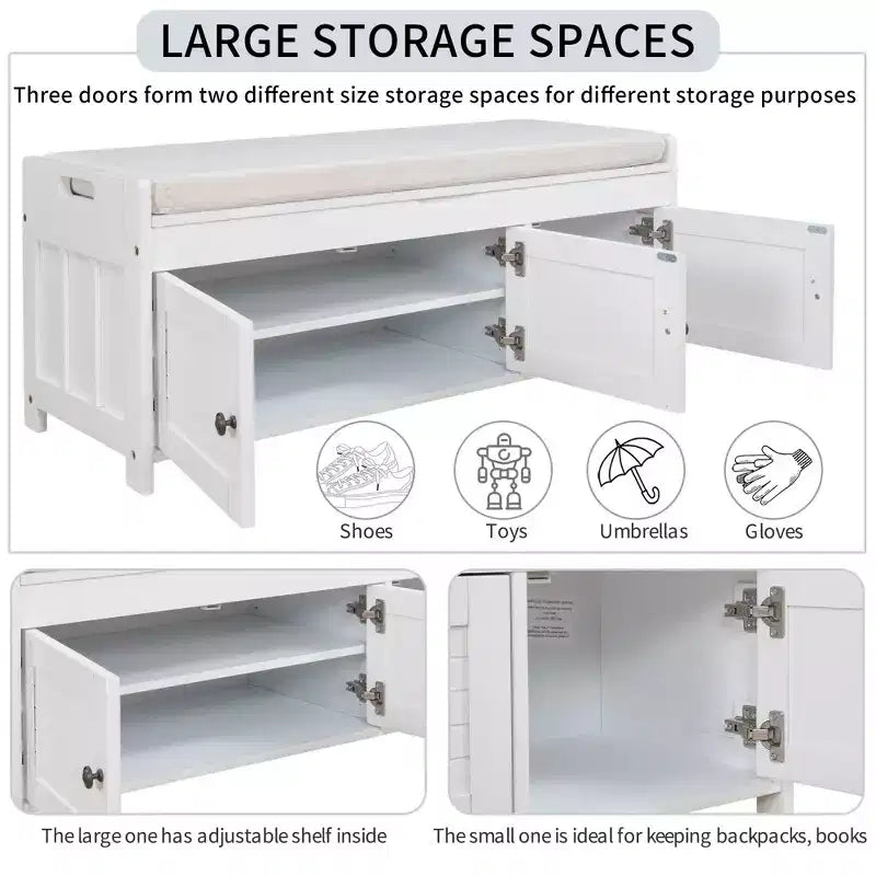 Storage Bench with 3 Shutter-shaped Doors, Removable Cushion and Hidden Storage Space-ModernLuxe