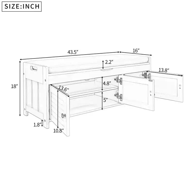 Storage Bench with 3 Shutter-shaped Doors, Removable Cushion and Hidden Storage Space-ModernLuxe