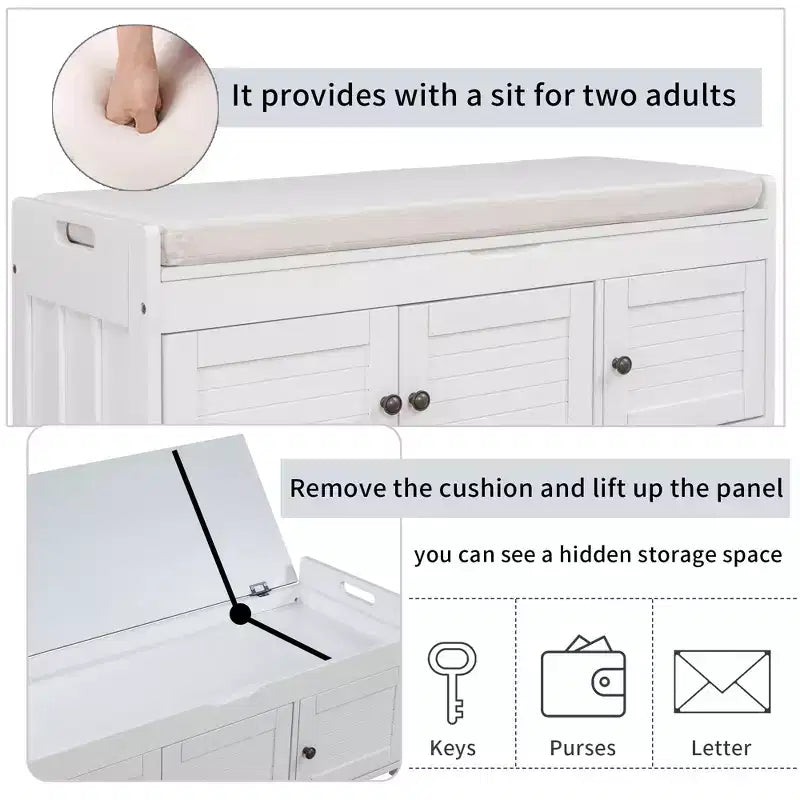 Storage Bench with 3 Shutter-shaped Doors, Removable Cushion and Hidden Storage Space-ModernLuxe