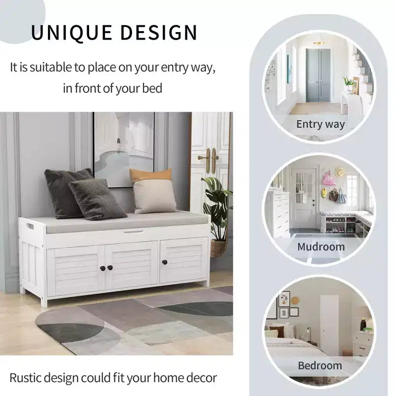 Storage Bench with 3 Shutter-shaped Doors, Removable Cushion and Hidden Storage Space-ModernLuxe