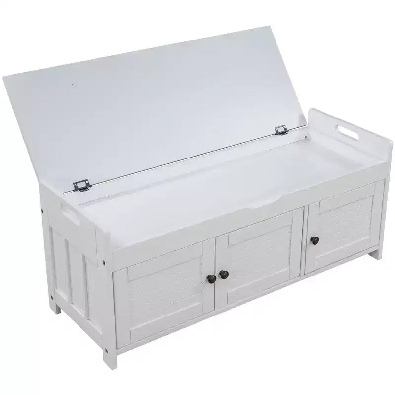 Storage Bench with 3 Shutter-shaped Doors, Removable Cushion and Hidden Storage Space-ModernLuxe