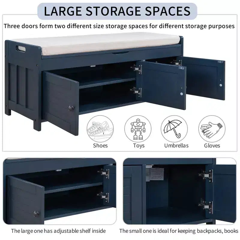 Storage Bench with 3 Shutter-shaped Doors, Removable Cushion and Hidden Storage Space-ModernLuxe
