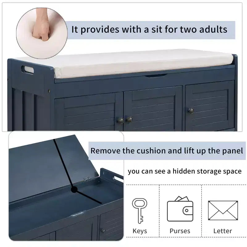 Storage Bench with 3 Shutter-shaped Doors, Removable Cushion and Hidden Storage Space-ModernLuxe