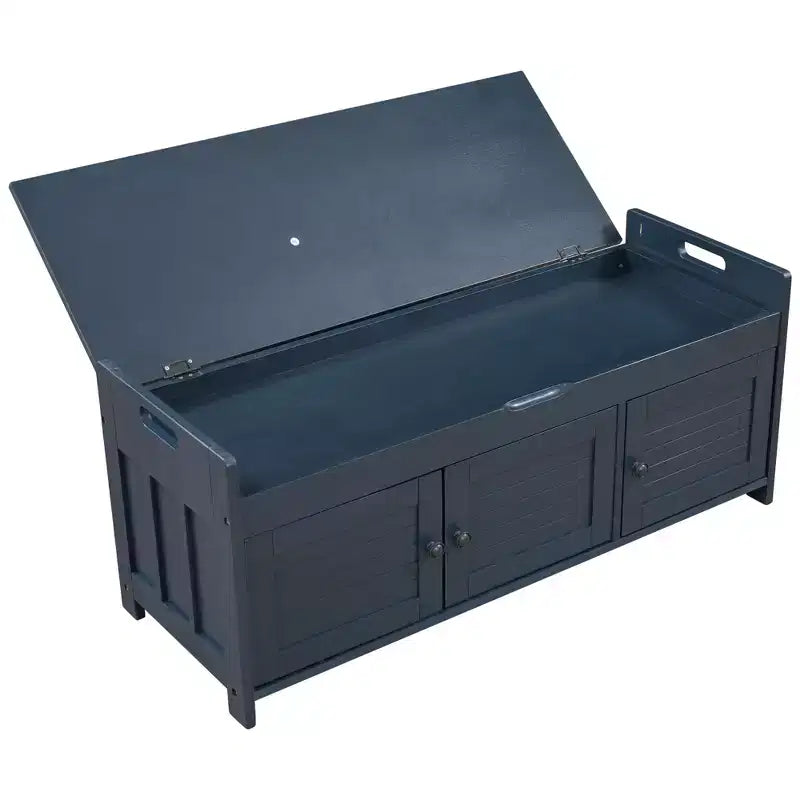 Storage Bench with 3 Shutter-shaped Doors, Removable Cushion and Hidden Storage Space-ModernLuxe