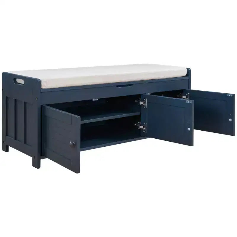 Storage Bench with 3 Shutter-shaped Doors, Removable Cushion and Hidden Storage Space-ModernLuxe
