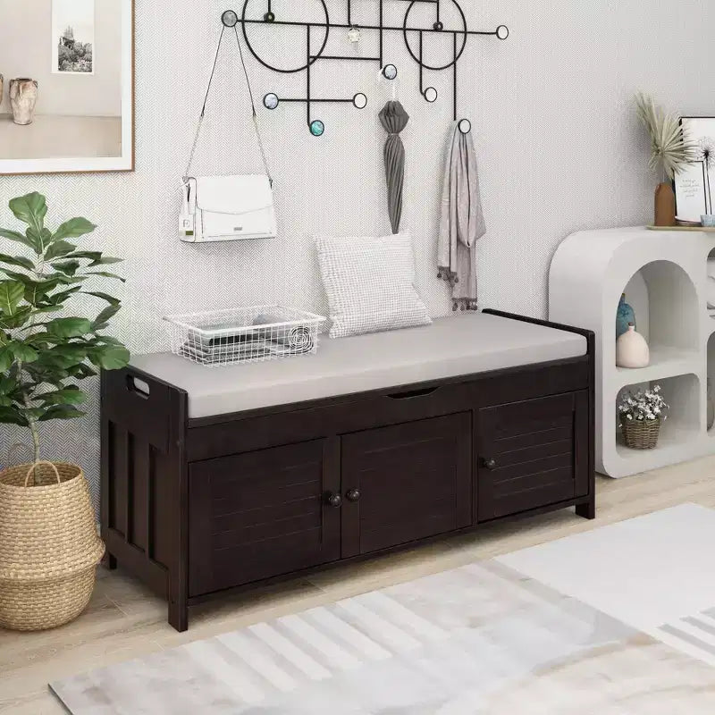 Storage Bench with 3 Shutter-shaped Doors, Removable Cushion and Hidden Storage Space-ModernLuxe