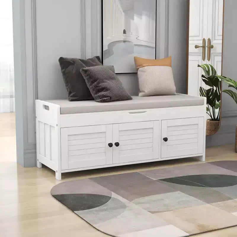 Storage Bench with 3 Shutter-shaped Doors, Removable Cushion and Hidden Storage Space-ModernLuxe
