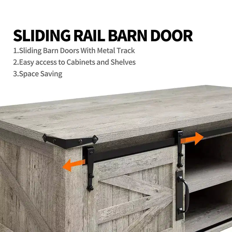 OKD Farmhouse Sturdy Coffee Table with Sliding Barn Doors and Storage Shelves for Living Room, Den, Family Room, or Office