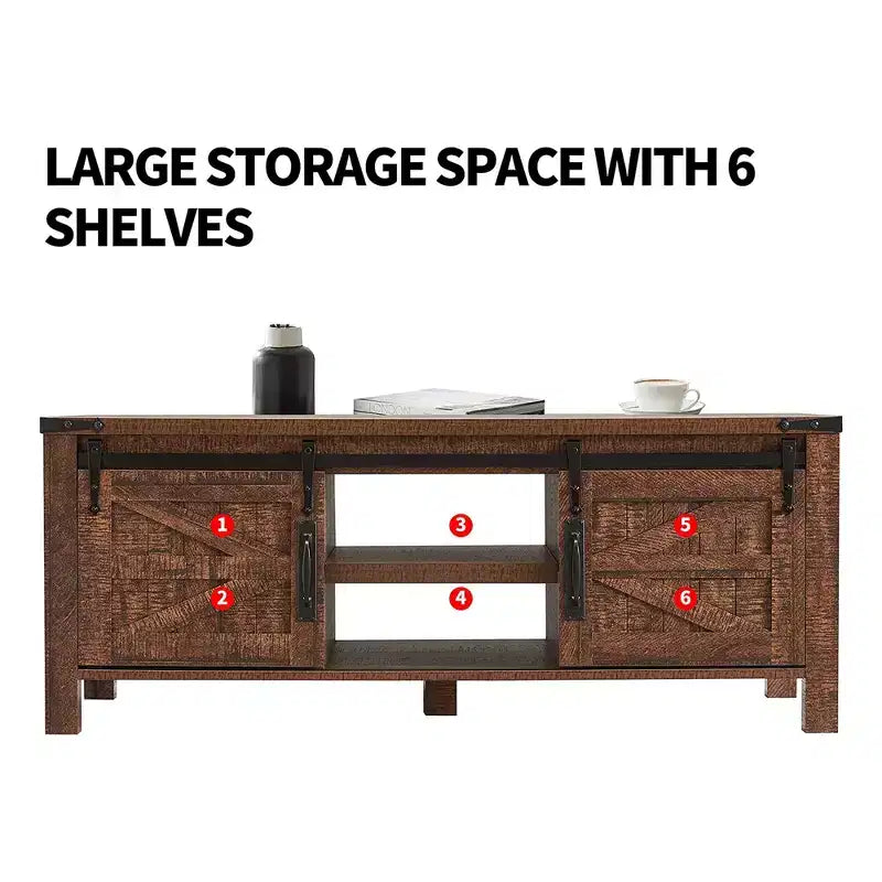 OKD Farmhouse Sturdy Coffee Table with Sliding Barn Doors and Storage Shelves for Living Room, Den, Family Room, or Office