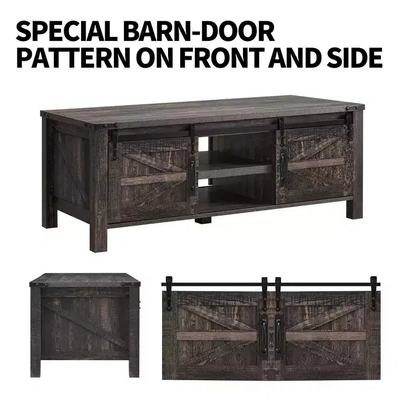 OKD Farmhouse Sturdy Coffee Table with Sliding Barn Doors and Storage Shelves for Living Room, Den, Family Room, or Office
