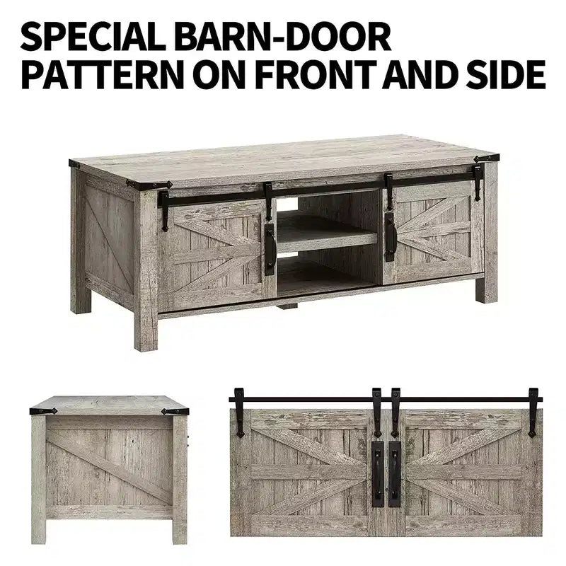 OKD Farmhouse Sturdy Coffee Table with Sliding Barn Doors and Storage Shelves for Living Room, Den, Family Room, or Office
