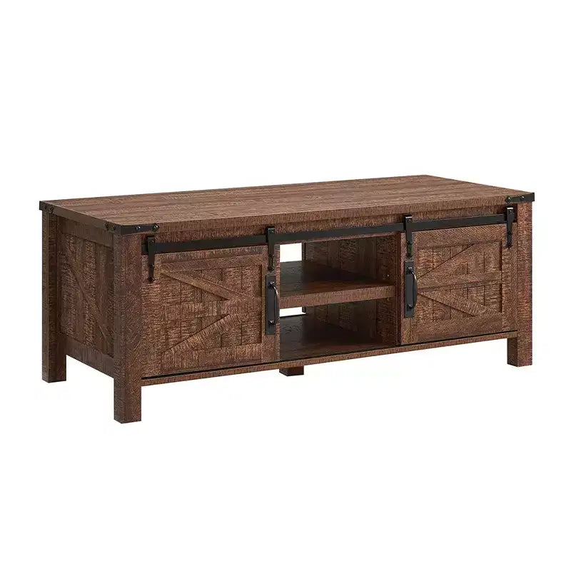 OKD Farmhouse Sturdy Coffee Table with Sliding Barn Doors and Storage Shelves for Living Room, Den, Family Room, or Office