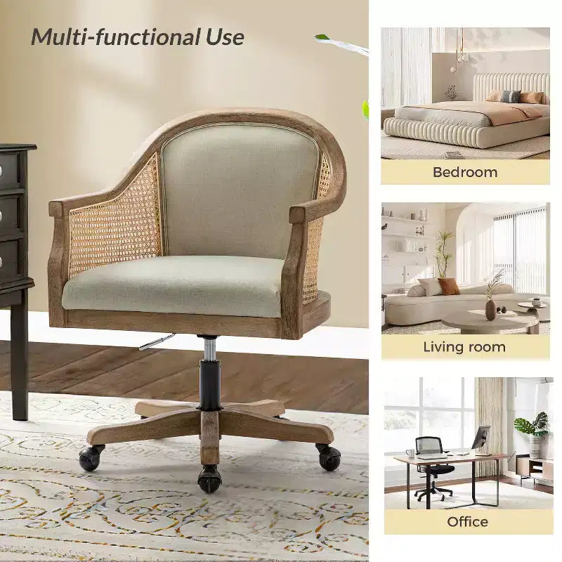 Danilo Swivel Barrel Task Chair with Rattan Arms and natural linen blend & foam cushion| ARTFUL LIVING DESIGN