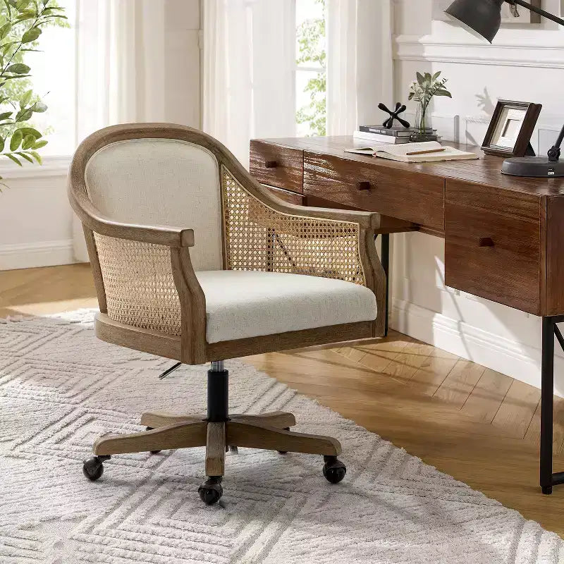 Danilo Swivel Barrel Task Chair with Rattan Arms and natural linen blend & foam cushion| ARTFUL LIVING DESIGN