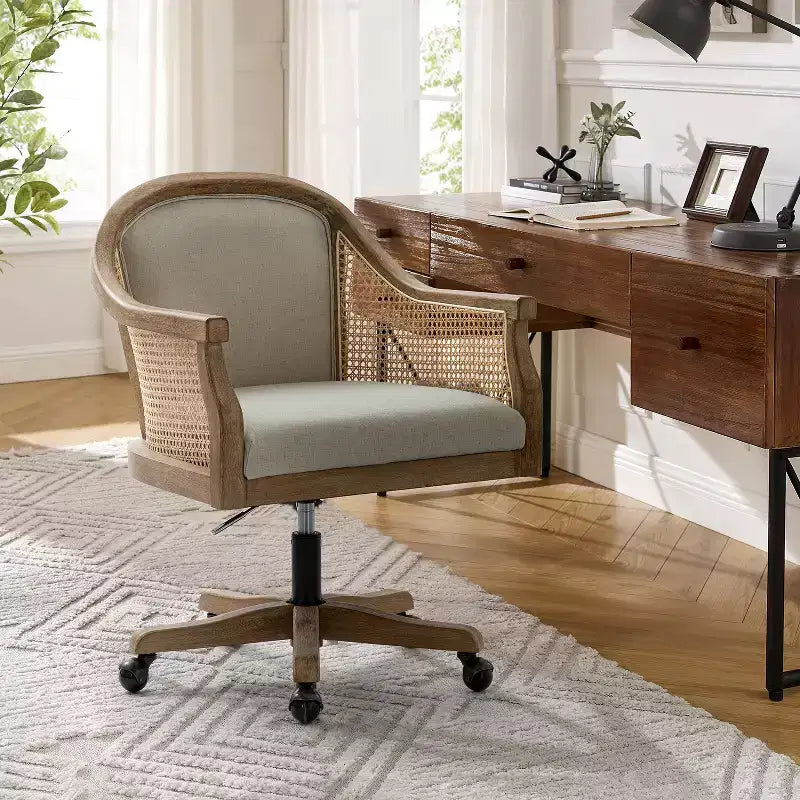 Danilo Swivel Barrel Task Chair with Rattan Arms and natural linen blend & foam cushion| ARTFUL LIVING DESIGN