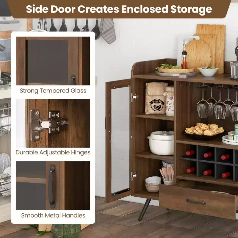 Costway Kitchen Storage Cabinet Sideboard with 3-Row Wineglass Holder Removable Rack Tempered Glass Door & Anti-Tipping Kits