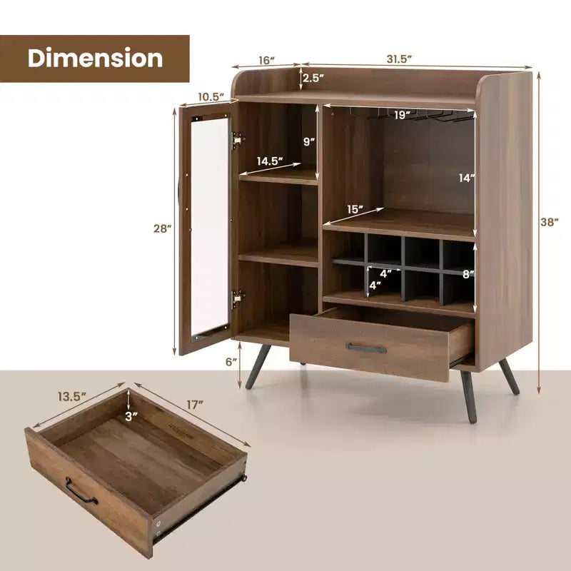 Costway Kitchen Storage Cabinet Sideboard with 3-Row Wineglass Holder Removable Rack Tempered Glass Door & Anti-Tipping Kits