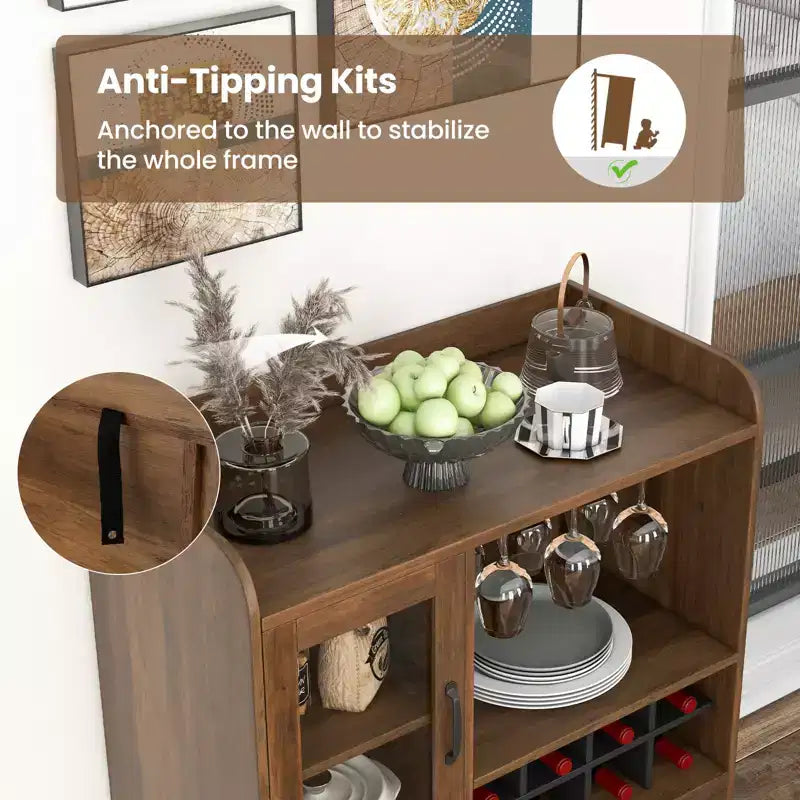 Costway Kitchen Storage Cabinet Sideboard with 3-Row Wineglass Holder Removable Rack Tempered Glass Door & Anti-Tipping Kits
