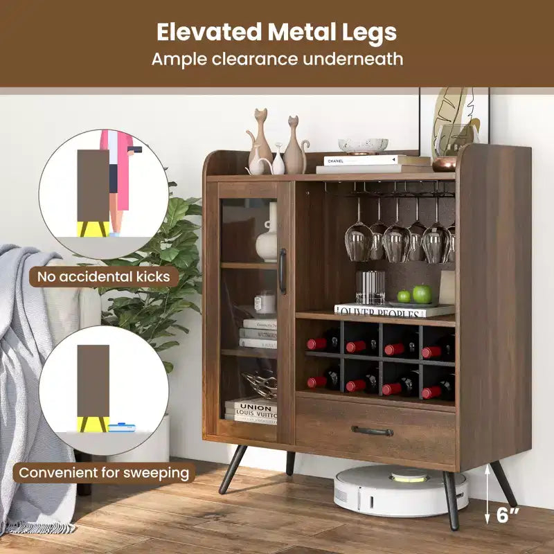 Costway Kitchen Storage Cabinet Sideboard with 3-Row Wineglass Holder Removable Rack Tempered Glass Door & Anti-Tipping Kits