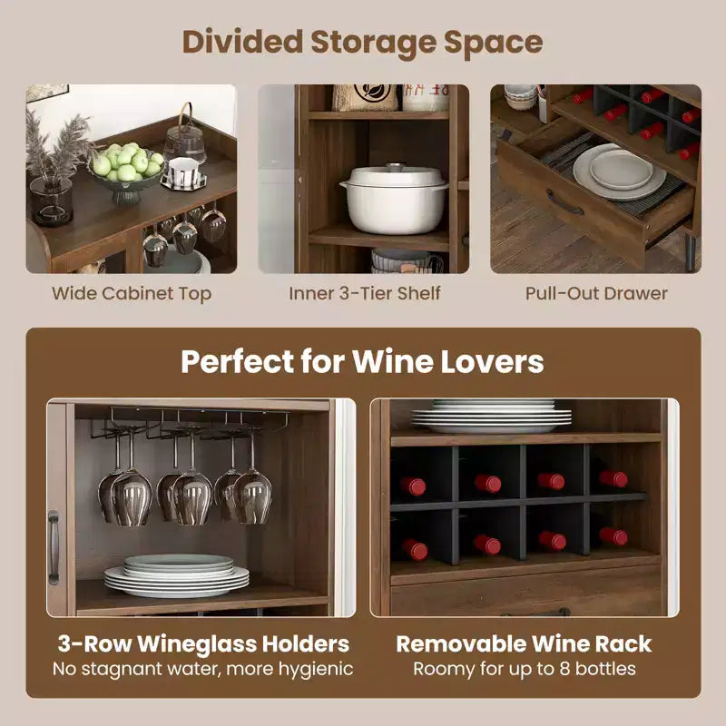 Costway Kitchen Storage Cabinet Sideboard with 3-Row Wineglass Holder Removable Rack Tempered Glass Door & Anti-Tipping Kits